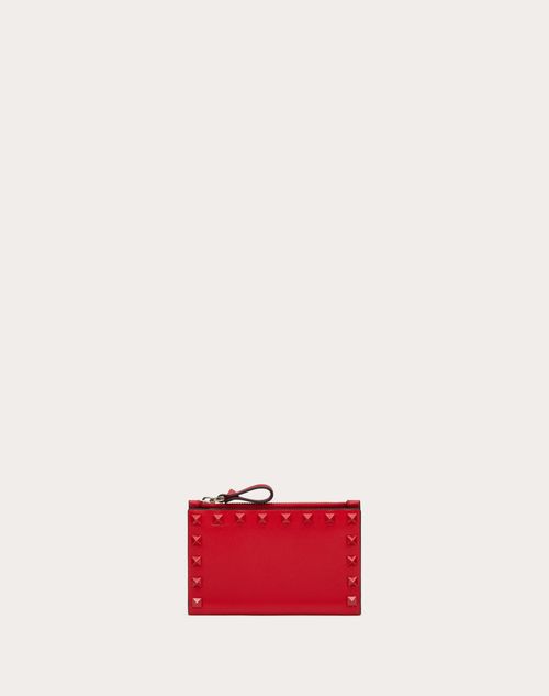 Rockstud Calfskin Cardholder With Zip for Woman in Rouge Pur 