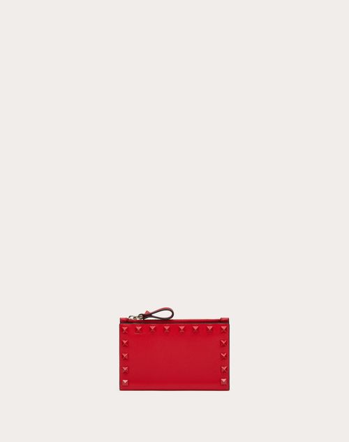 Valentino Garavani - Porte-cartes Rockstud Zippé En Cuir De Veau - Rouge Pur - Femme - Wallets & Cardcases - Accessories
