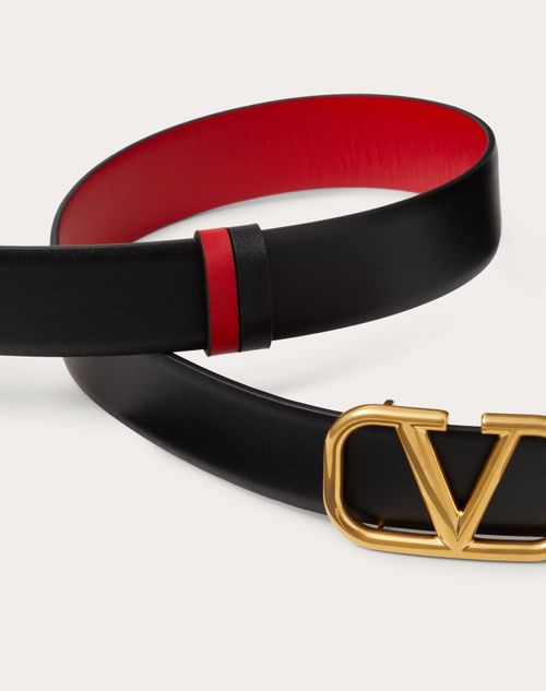 Valentino Garavani - Cinturón Reversible Vlogo Signature De Piel De Becerro Brillante De 30 mm - Negro/rouge Pur - Mujer - Cinturones