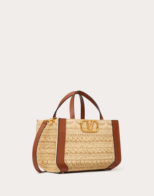 Valentino Garavani - Vlogo Signature Handbag With Raffia Embroidery - Natural/saddle Brown - Woman - Summer Totes - Bags
