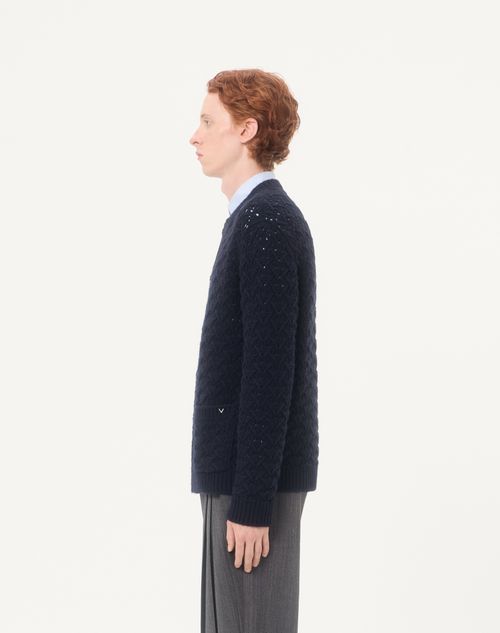 Valentino - Cardigan Valentino In Lana E Cashmere Con V Detail Metallico - Navy - Uomo - Maglieria