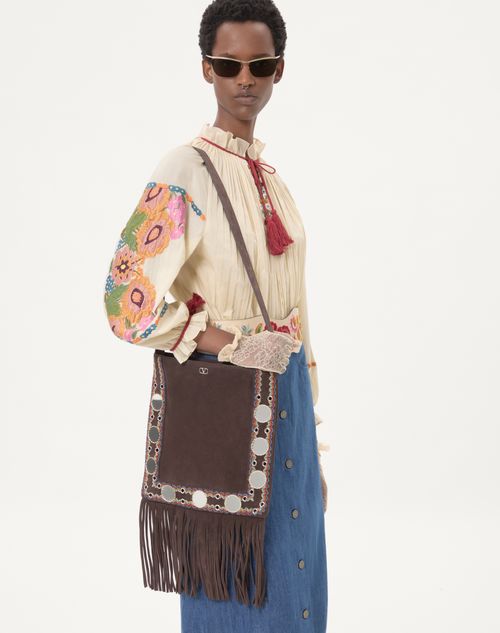 Valentino Garavani - Valentino Garavani Nellcôte Embroidered Shoulder Bag With Fringes And Trim - Testa Di Moro - Woman - Shoulder Bags