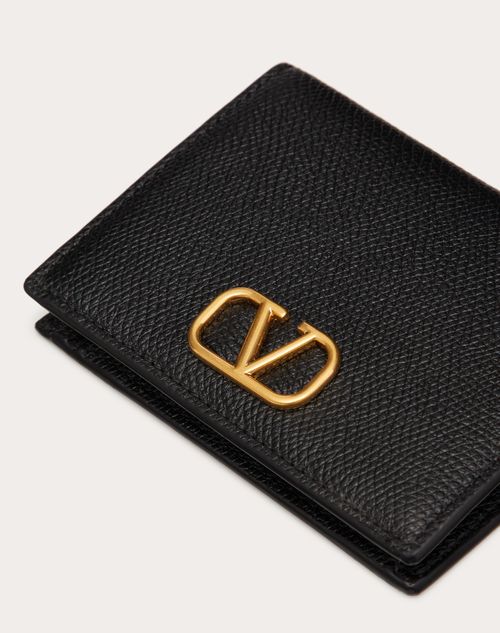 Compact Vlogo Signature Grainy Calfskin Wallet for Woman in Black