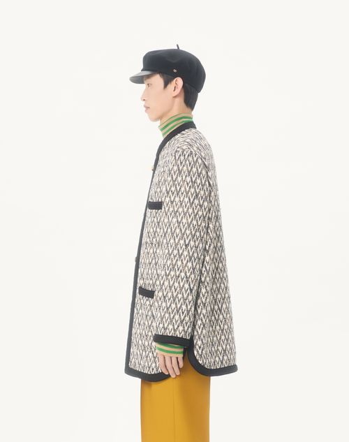 Valentino - Valentino Bouclé Wool Jacket With Toute La V Jacquard Pattern - Navy/beige - Man - Outerwear