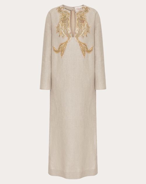 Valentino - Robe Mi-longue Brodée En Toile De Lin - Beige Gravel - Femme - Robes