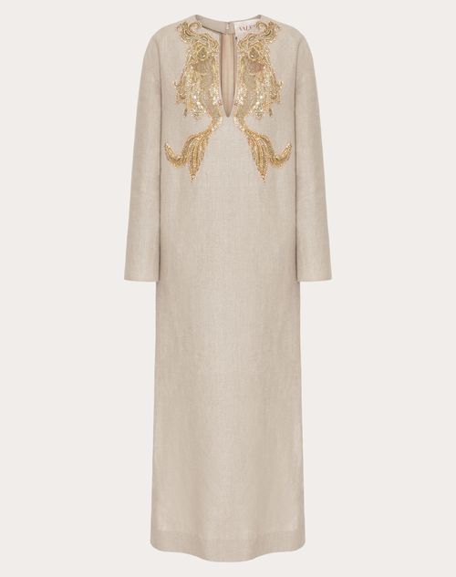Valentino - Embroidered Linen Canvas Midi Dress - Beige Gravel - Woman - Dresses