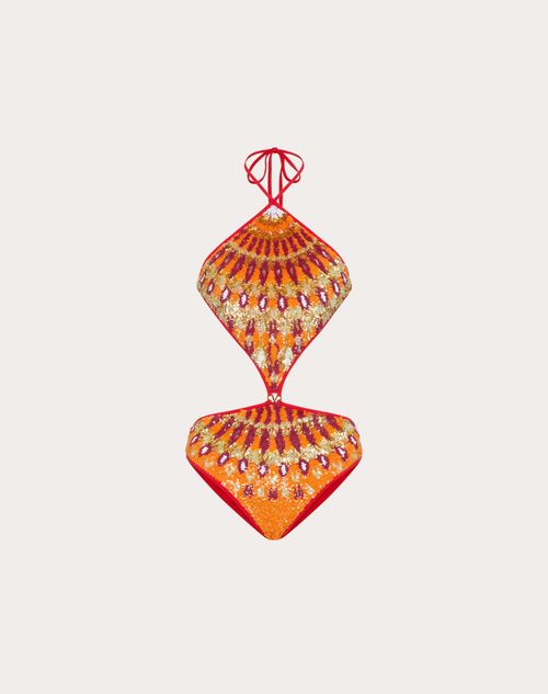 Valentino - Embroidered Lycra Swimsuit - Orange/multicolor - Woman - Beachwear