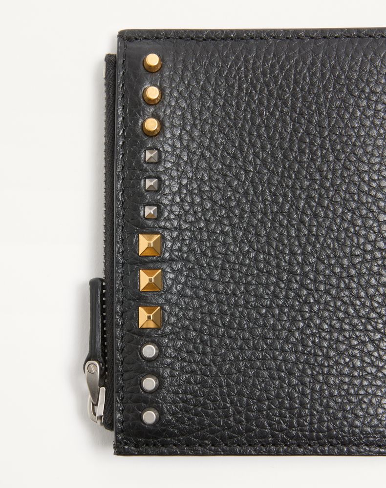 Valentino Garavani Rockstud Grainy Calfskin Cardholder Man Black Uni