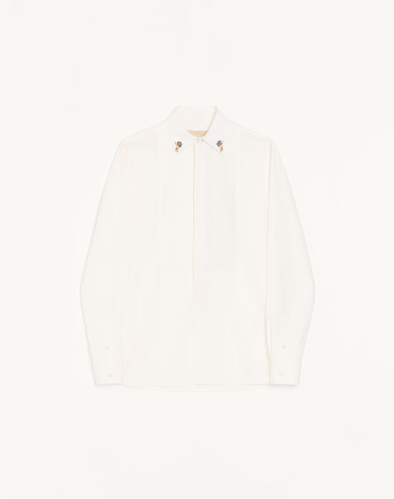 Chemise Popeline Plastron Plissé Broderie Col Blanc — Valentino