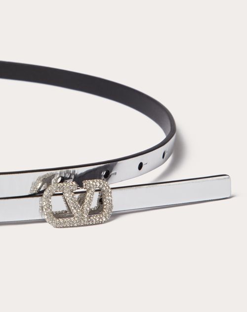 Valentino Garavani - Ceinture Vlogo Signature En Cuir De Veau À Effet Miroir, Hauteur : 10 mm - Argent - Femme - Ceintures