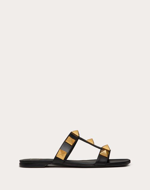 Valentino Garavani - Flat Roman Stud Calfskin Slide Sandal - Black - Woman - Roman Stud Sandals - Shoes