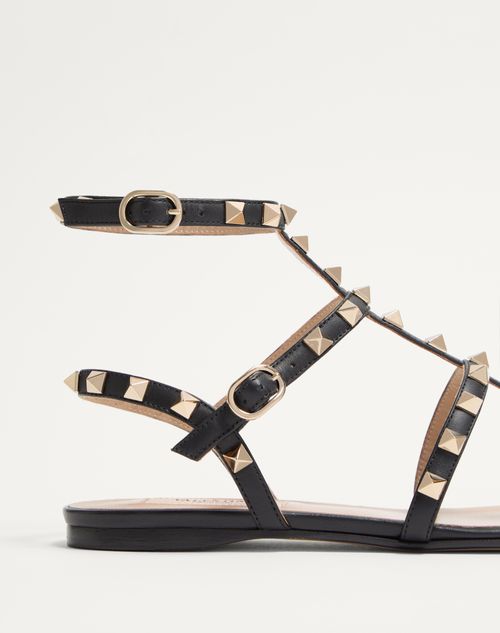 Valentino Garavani - Rockstud Flat Calfskin Sandal With Straps - Black - Woman - Sandals