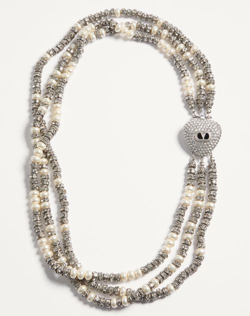 Valentino Garavani - Coeur Royal Necklace In Metal, Enamel, Pearls And Crystals - Palladium - Woman - Jewellery