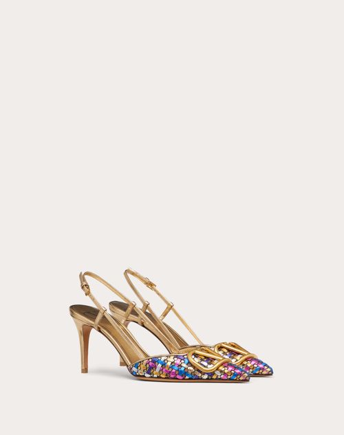 Valentino Garavani - Décolleté Slingback Vlogo Signature In Nappa Laminata Intrecciata 80mm - Oro/multicolor - Donna - Décolleté