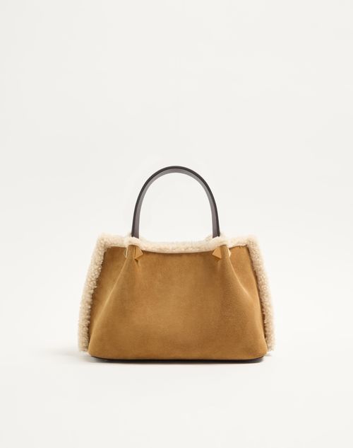 Valentino Garavani - Valentino Garavani Small Suede Shopping Bag With Sheepskin Lining - Havana Beige - Woman - Totes