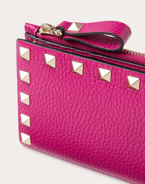 Valentino Garavani - Rockstud Grainy Calfskin Cardholder With Zipper - Rose Violet - Woman - Accessories
