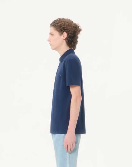 Valentino - Valentino Polo Shirt In Cotton Piquet With Vgold - Blue - Man - T-shirts And Sweatshirts