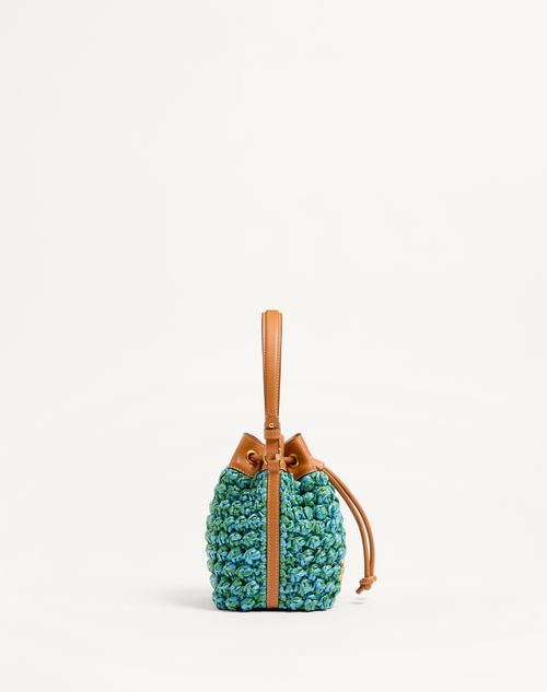 Valentino Garavani - VLOGO SIGNATURE MINI BUCKET BAG IN RAFFIA CROCHET - Green/azure/camel - Woman - Shoulder Bags