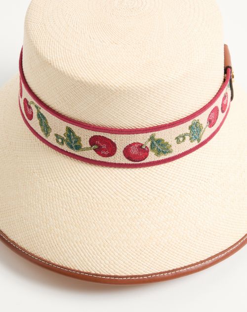 Valentino Garavani - Cherryfic Straw Bucket Hat With Leather Trim And Cherryfic Ribbon - Natural/saddle Brown - Woman - Hats And Gloves