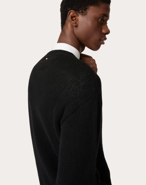 Cashmere Crewneck Sweater With Stud for Man in Camel | Valentino US