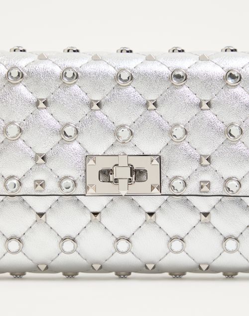 Valentino Garavani - Valentino Garavani Rockstud Spike Shoulder Bag In Laminated Nappa Leather With Cabochon Stones - Silver/crystal - Woman - Clutches