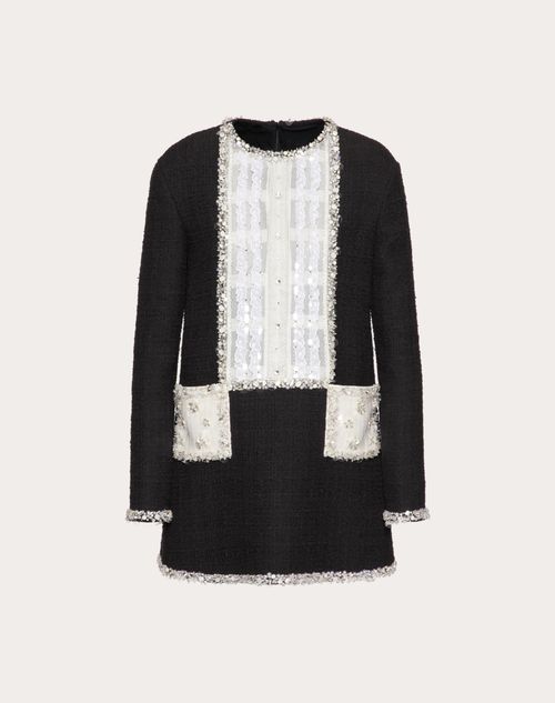 Valentino - Kurzes Kleid Aus Besticktem Baumwoll-couture-tweed - Schwarz/weiss - Frau - Shelf - W Pap - Surface W2