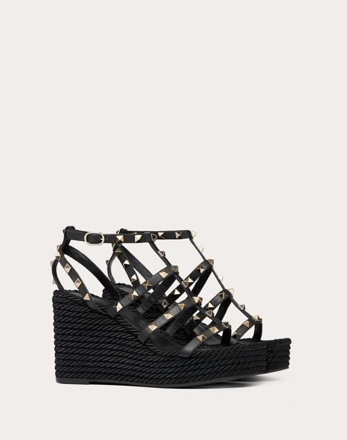 Valentino Garavani - Rockstud Ankle Strap Wedge Sandal In Calfskin Leather 95 Mm - Black - Woman - Espadrilles - Shoes
