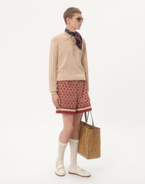 Valentino - Cotton Popeline Bermuda Shorts With Toute La V Print - Red/cream - Man - Trousers And Shorts