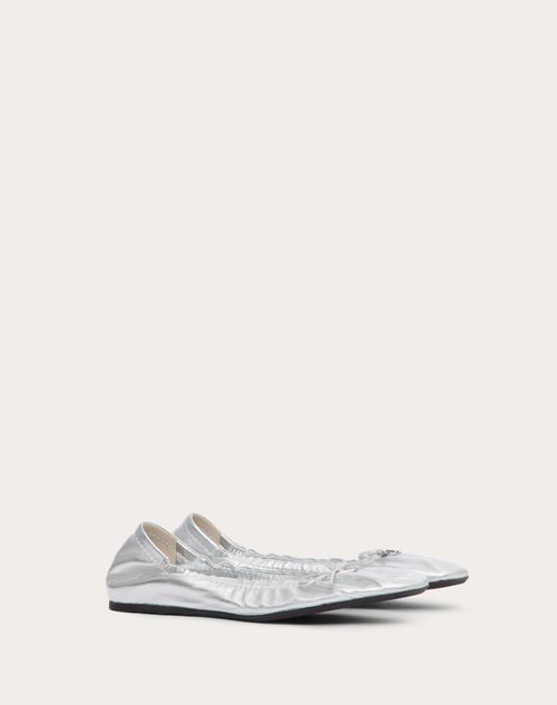 Valentino Garavani - Vlogo Signature Ballerina In Laminated Nappa Leather - Silver - Woman - Woman Shoes Sale