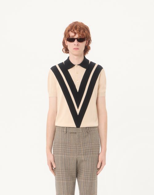Valentino - Valentino Cotton Polo Shirt With Inlaid V - Butter/black - Man - Knitwear