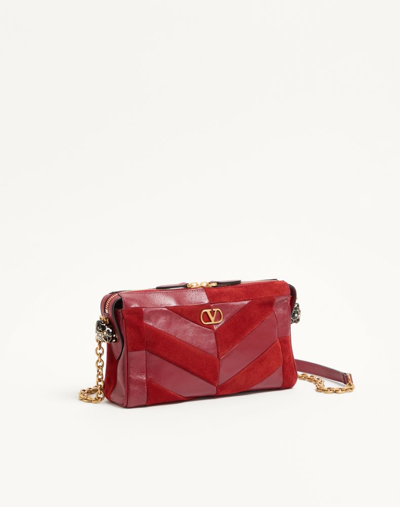 Valentino Garavani Panthea Small Shoulder Bag In Suede And Nappa With Chevron Pattern Woman Red Uni