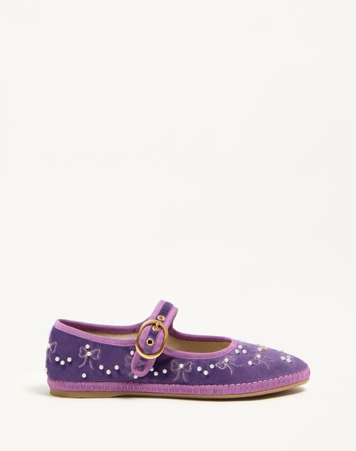 Valentino Garavani - Mary-jane Endouce Velvet Ballerina With Bow Embroidery - Purple - Woman - Ballerinas