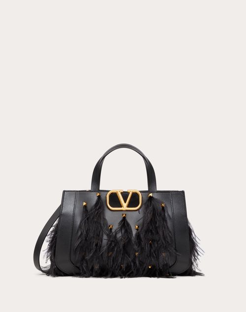 Valentino Garavani - Vlogo Signature Small Leather Handbag With Feathers - Black - Woman - Valentino Garavani Vlogo Signature