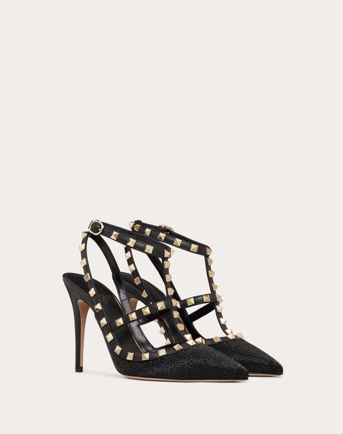 biologi strimmel Styre Satin Rockstud Pump With All-over Tubes Embroidery And Straps 100mm for  Woman in Black | Valentino US