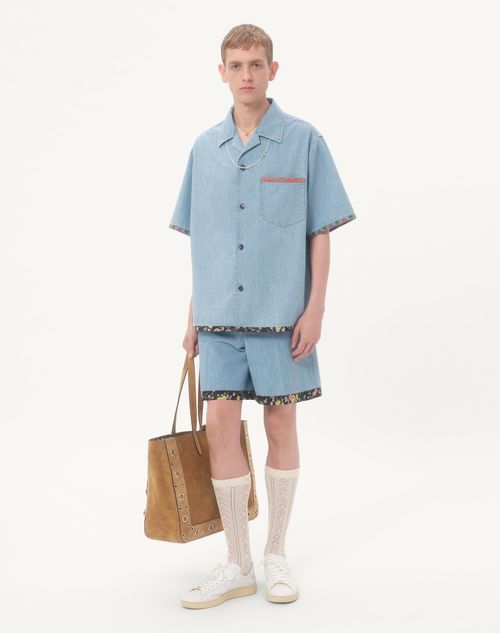 Valentino - Denim Bermuda Shorts With Floral Print Hem - Denim - Man - Denim