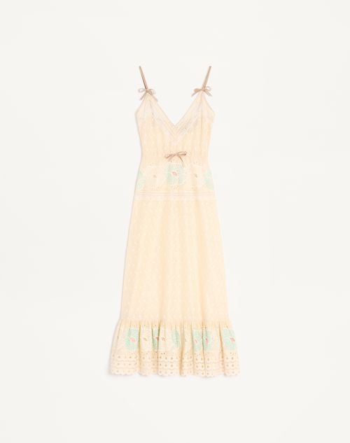 Valentino - Sangallo Midi Dress With Fleur A Jours Fiori - Azure/yellow - Woman - Dresses
