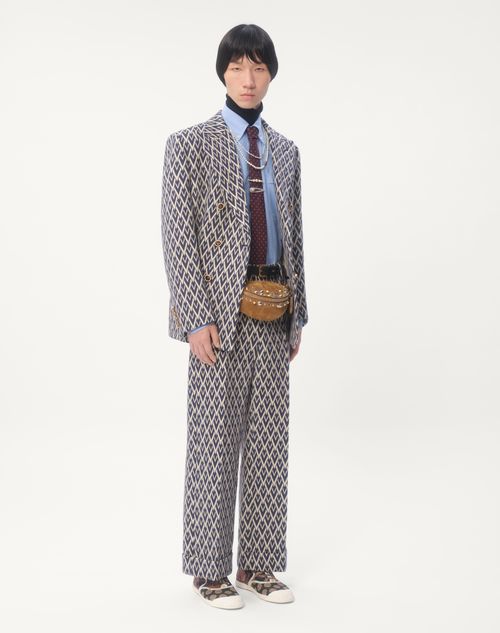 Valentino - Pantalone In Lana Con Risvolto Con Motivo Jacquard Toute La V - Blu/avorio - Uomo - Shelf - Mrtw - Formalwear - W1