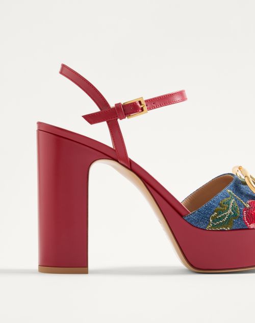Valentino Garavani - Vlogo Signature Platform Denim Sandal With Cherryfic Embroidery 115mm - Denim/multicolour - Woman - Sandals