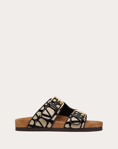 Valentino Garavani - Fussfriend Slide Sandal In Toile Iconographe Fabric - Natural/black/cigar - Woman - Slides And Thongs