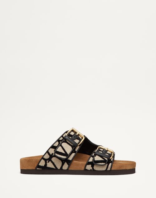 Valentino Garavani - Sandalias Sin Talón Fussfriend De Tela Toile Iconographe - Natural/negro/cigarro - Mujer - Chanclas Y Chancletas