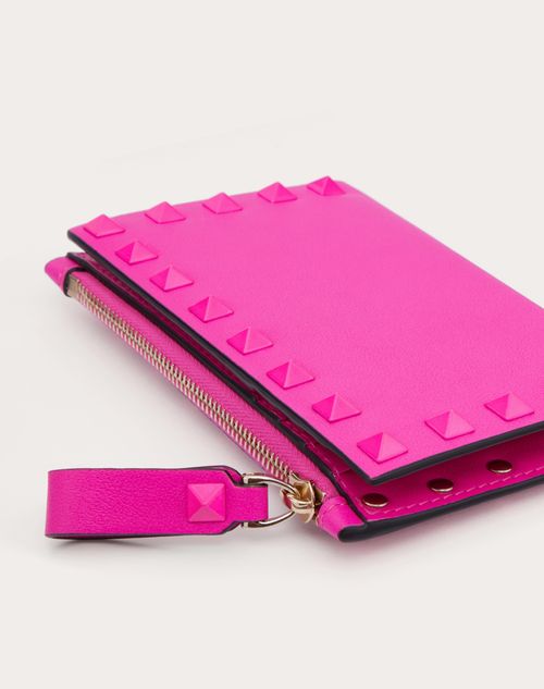 Valentino Garavani - Porte-cartes Rockstud Zippé En Cuir De Veau - Pink Pp - Femme - Portefeuilles Et Petite Maroquinerie