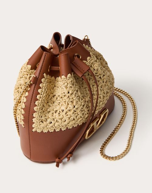 Mini Raffia Bucket Bag With Vlogo Signature Chain for Woman in Natural ...