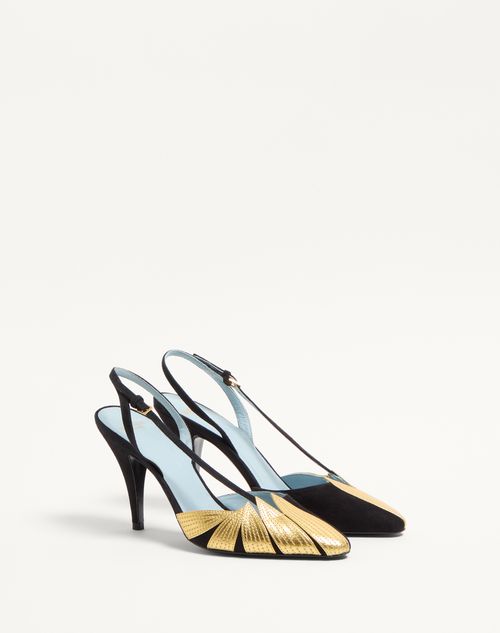 Valentino Garavani - FOLIEFOLIAGE SUEDE SLINGBACK PUMP 90MM - Black/gold - Woman - Pumps