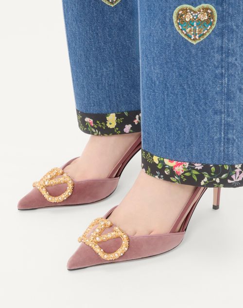 Valentino Garavani - Vlogo Signature Slingback Pumps In Velvet With Jewel Logo 80mm - Phard - Woman - Woman Shoes Sale
