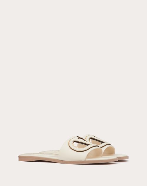 Valentino Garavani - Vlogo Cut-out Calfskin Slide Sandal - Ivory/antique Brass - Woman - Slides And Thongs