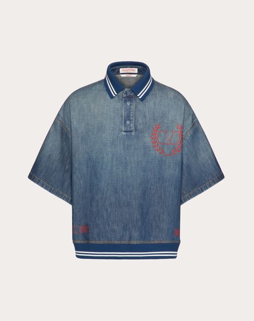 Valentino - Poloshirt Aus Denim Chambray Mit Maison Valentino-aufdruck - Blau - Mann - Denim