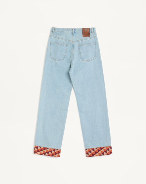 Valentino - Pantalone In Denim Con Fondo In Jacquard - Light Denim - Uomo - Denim