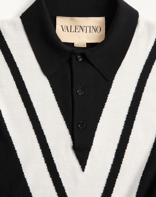 Valentino - Valentino Wool Polo Shirt With Inlaid V - Black/butter - Man - Knitwear