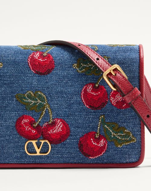 Valentino Garavani - Vlogo Signature Mini Shoulder Bag In Denim With Cherryfic Embroidery - Denim/multicolour - Woman - Clutches