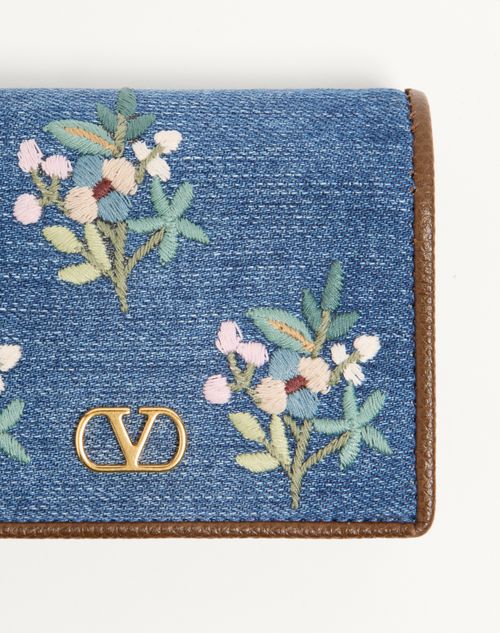 Valentino Garavani - Valentino Garavani Vlogo Signature Wallet In Denim With Floral Embroidery - Denim - Woman - Wallets And Small Leather Goods